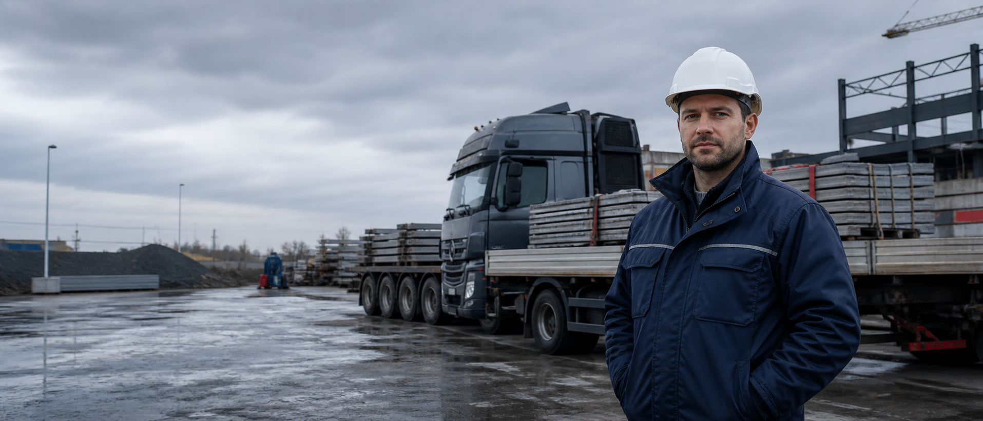 Водитель грузового автомобиля на строительной площадке рядом с грузовиком